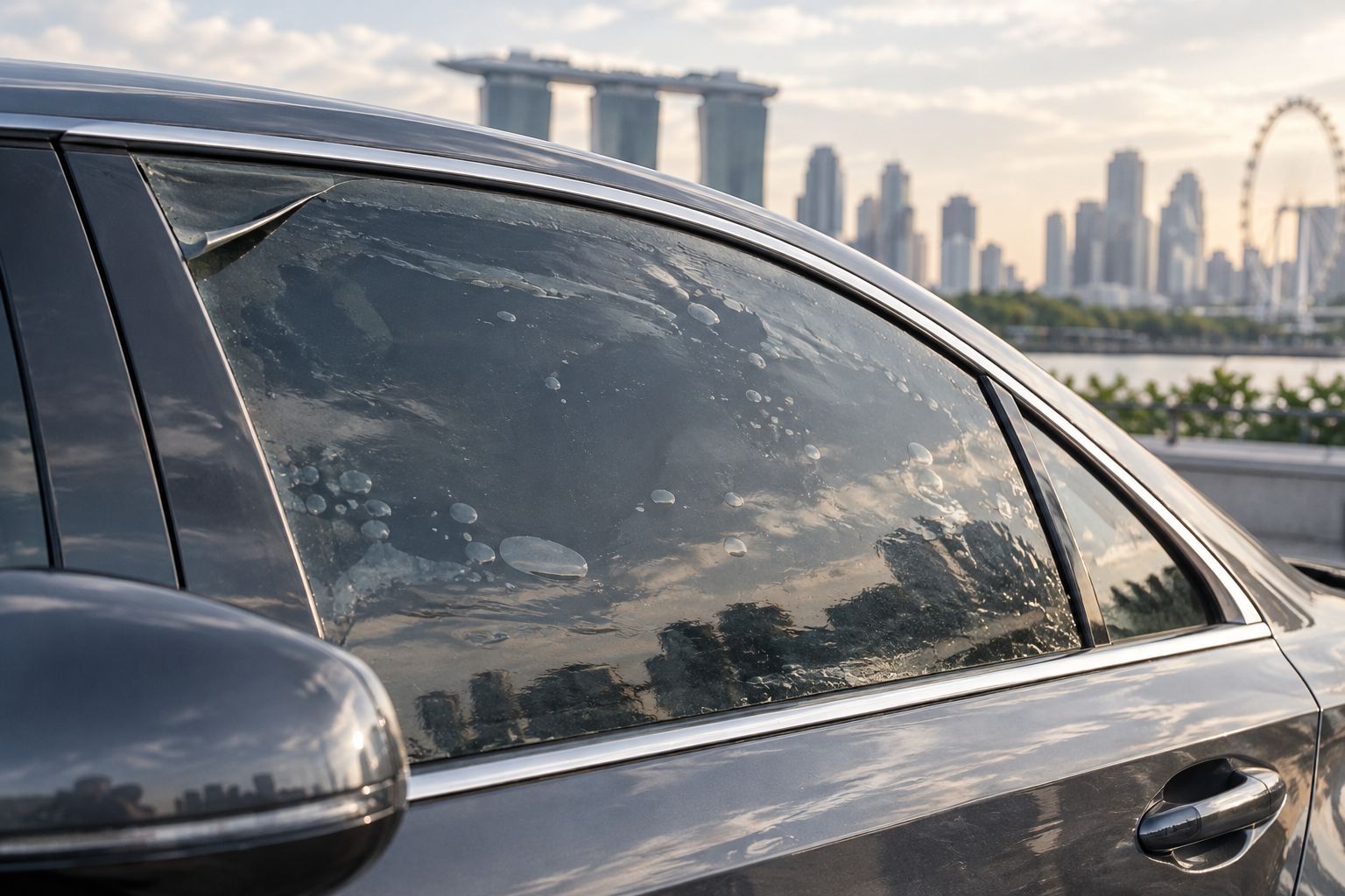 Ageing car window film with bubbles and a lifted edge