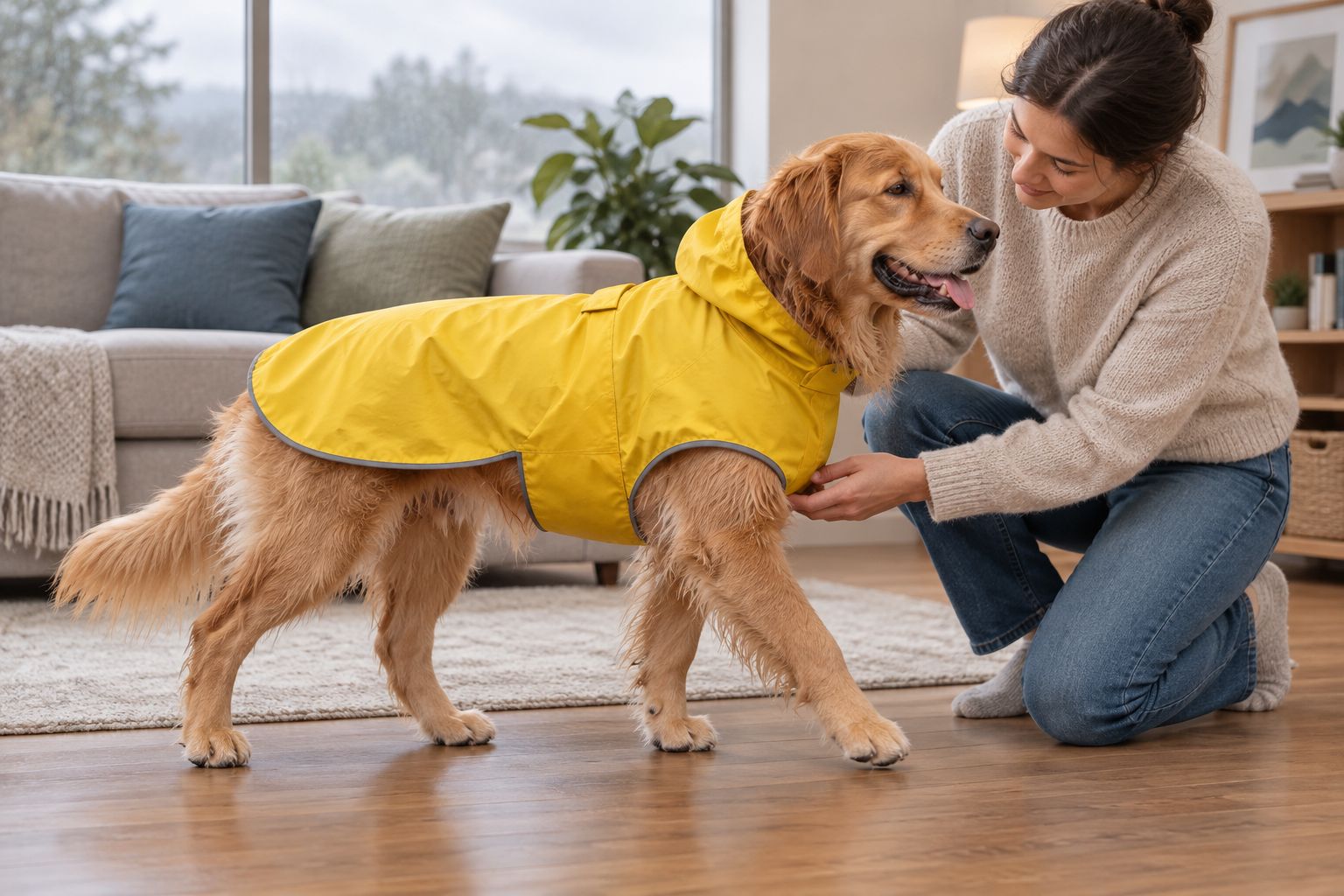 Dog walking indoors while an owner checks raincoat clearance around the shoulders and front legs
