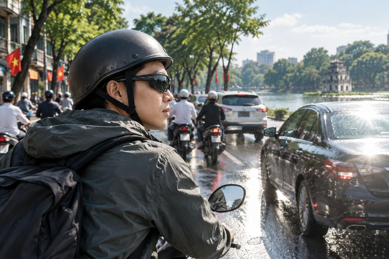 Người đi xe máy đeo kính polarized gọng ôm giữa nắng gắt ở Hà Nội
