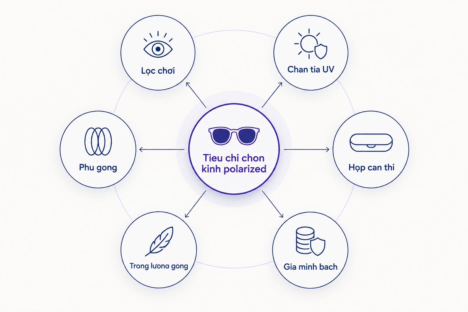 Sơ đồ sáu tiêu chí chọn kính polarized xoay quanh một trung tâm