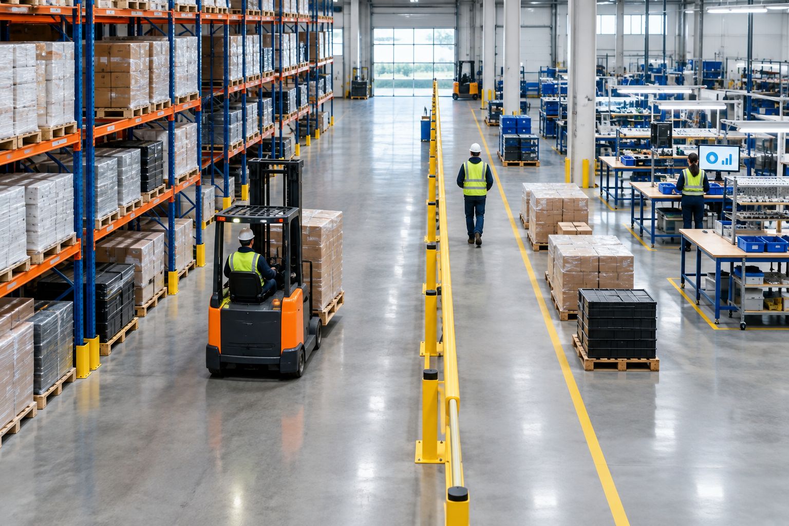 Manufacturing storage layout with pallet racking, forklift access and a separated pedestrian route