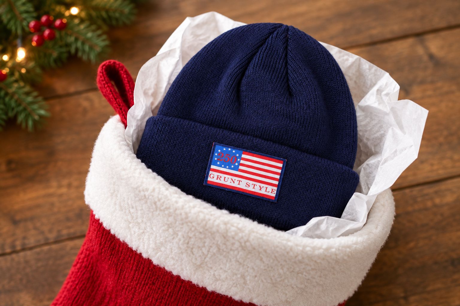 Grunt Style 250th Beanie folded inside a holiday stocking