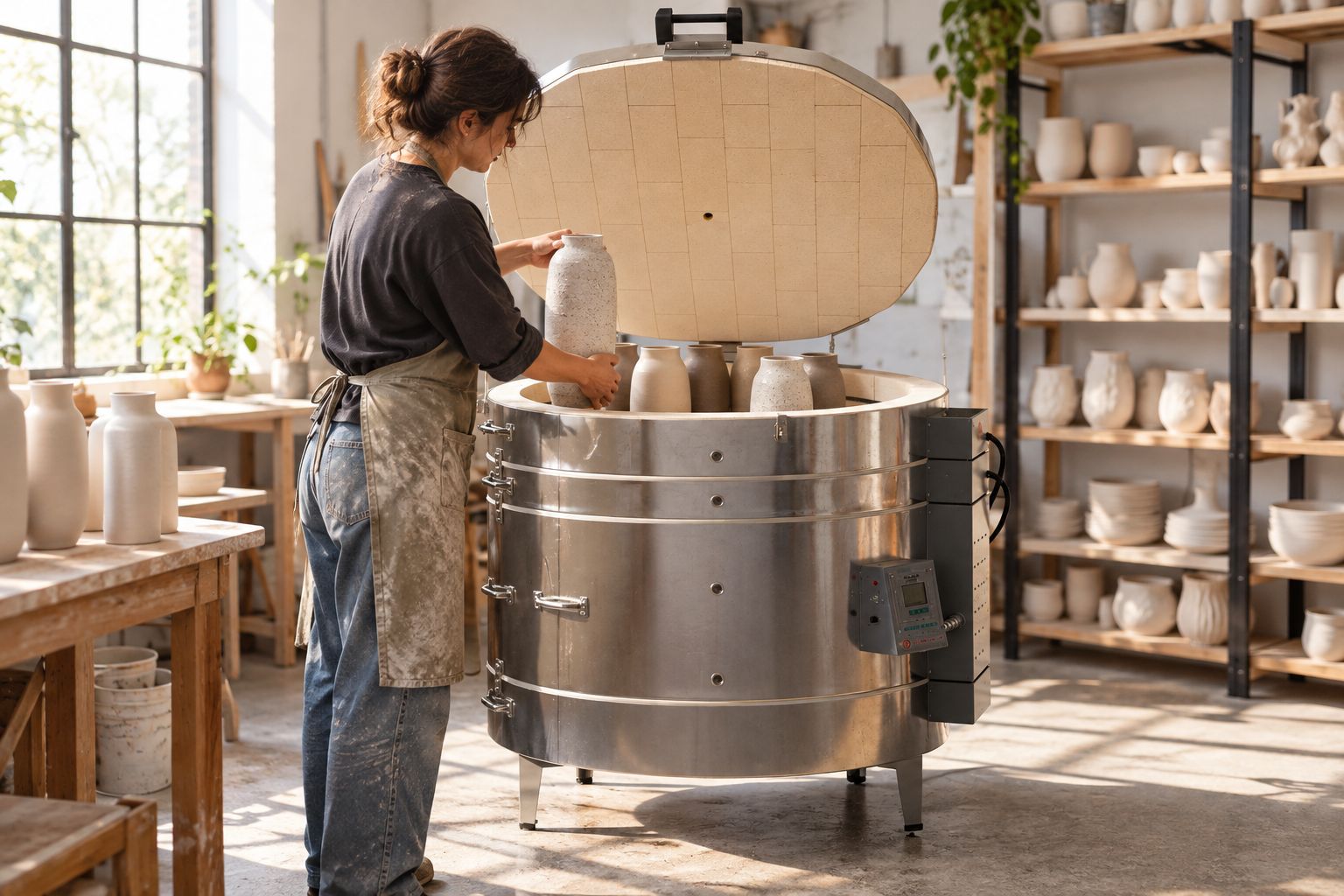 Olympic 3031HE oval kiln being loaded with tall stoneware pieces