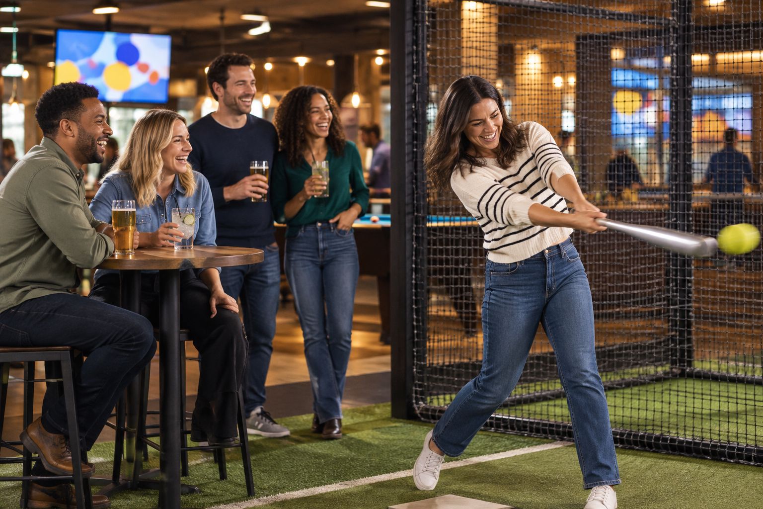 Group of colleagues taking turns at an indoor batting cage during a staff social