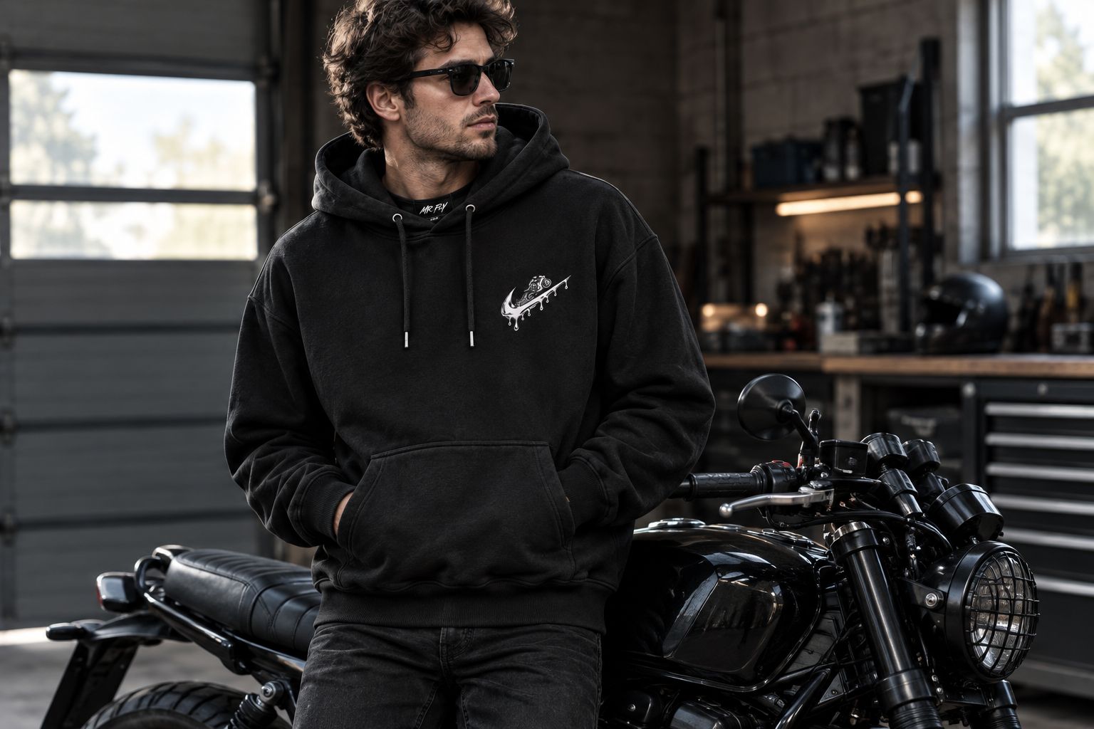 Black graphic hoodie worn by a rider beside a parked motorcycle