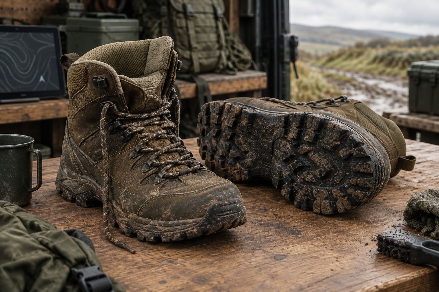 Outdoor boots laid out for inspection of tread, lining and laces