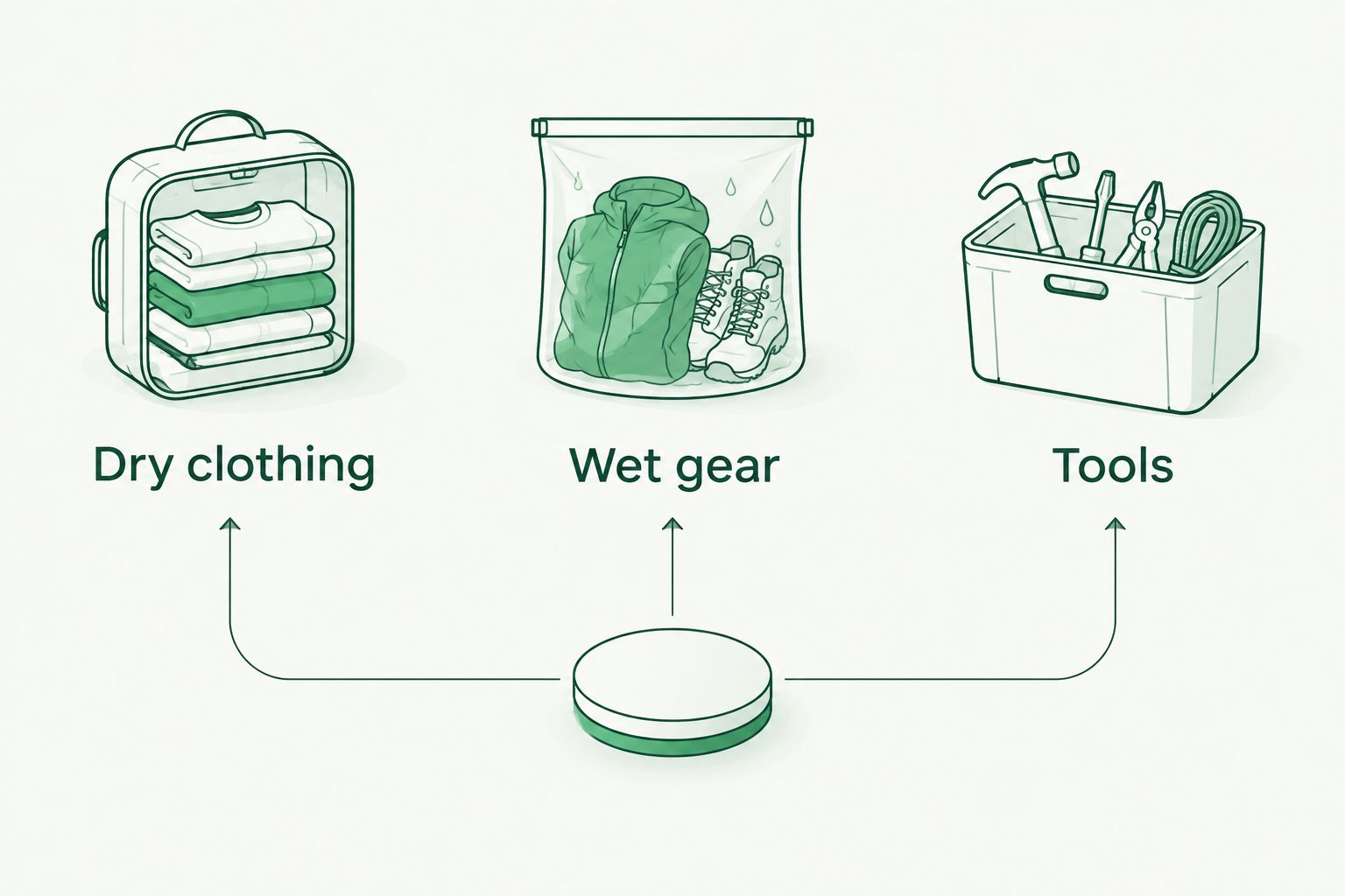 Separate vehicle storage groups for dry clothing, wet gear and tools