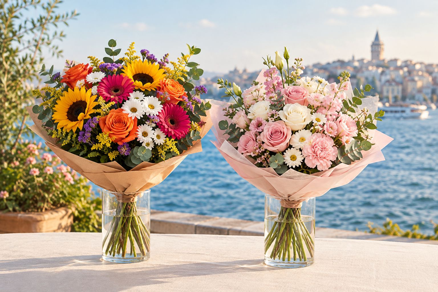 Bright and pastel mixed bouquets side by side in glass vases