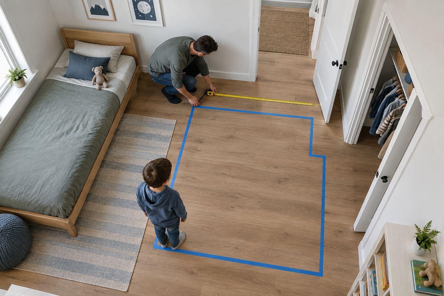 Bedroom floor marked with a proposed bed footprint beside an open doorway and closet