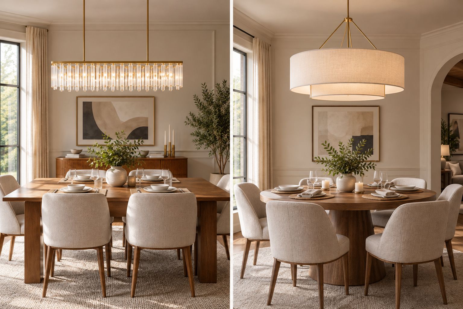 Linear chandelier above a rectangular table beside a broad shaded chandelier above a round table