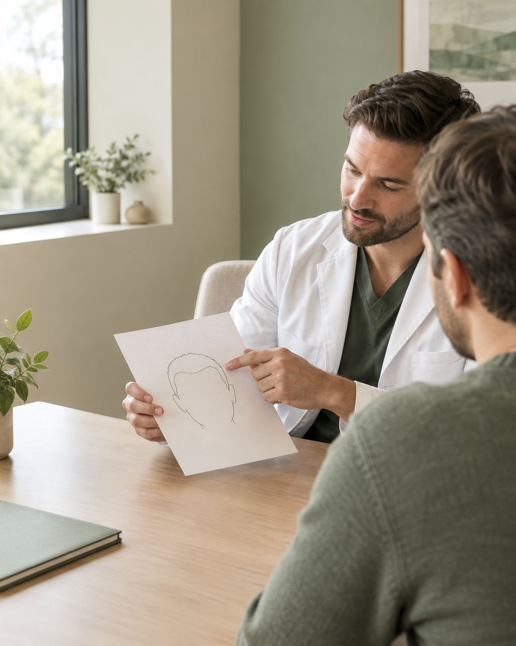 Illustration of a clinician discussing natural hairline design