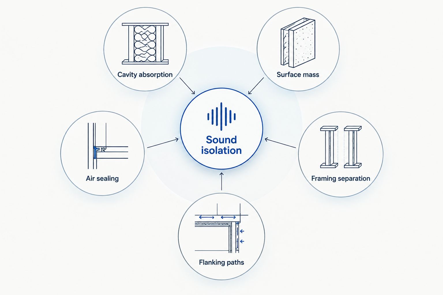 Sound isolation diagram showing insulation, surface mass, sealing, framing separation, and flanking paths
