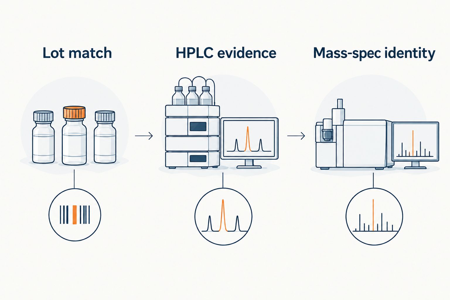 Certificate review sequence covering lot matching, HPLC evidence and mass-spec identity