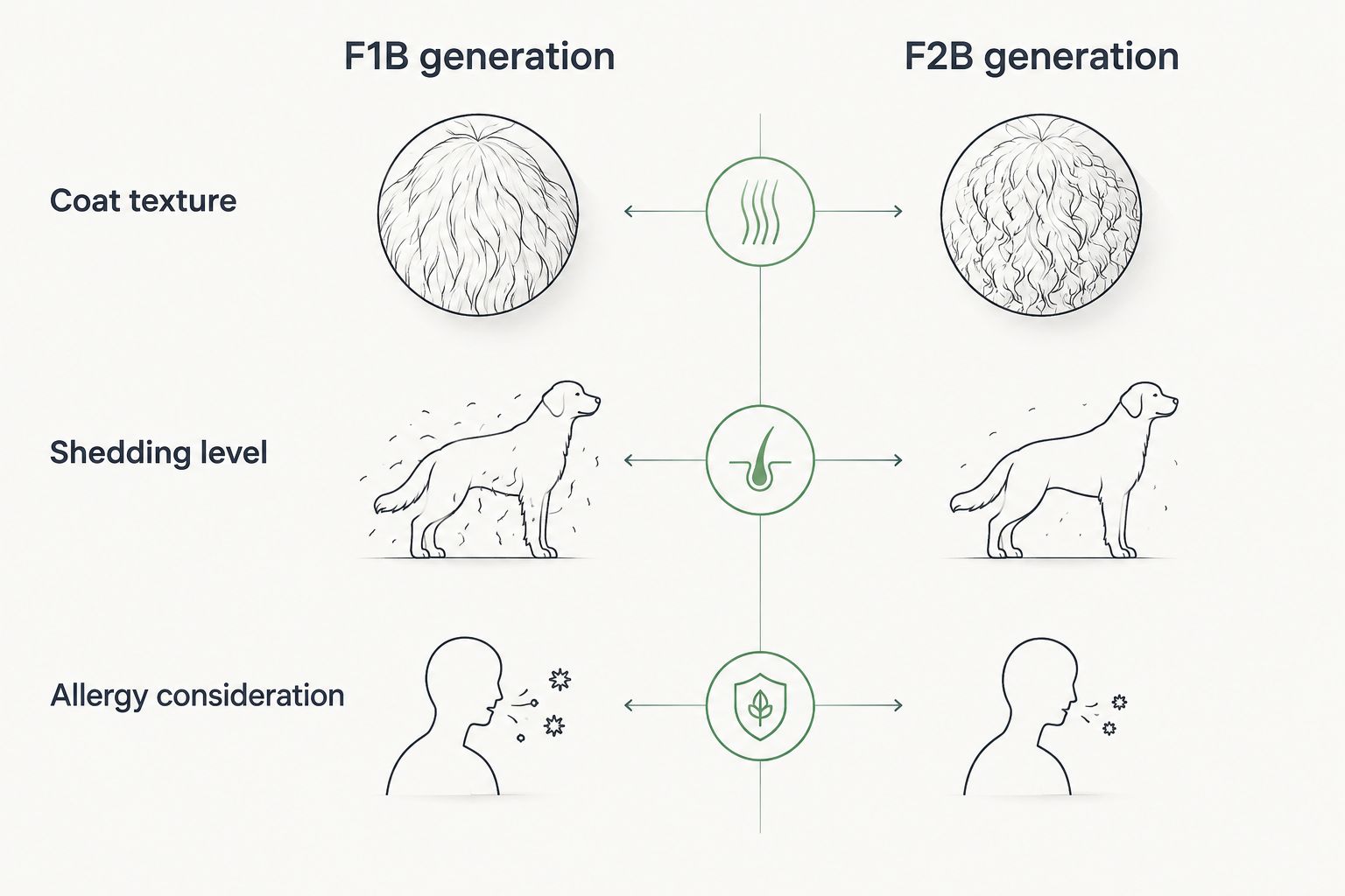 Two column comparison of F1B and F2B Bernedoodle coat generations