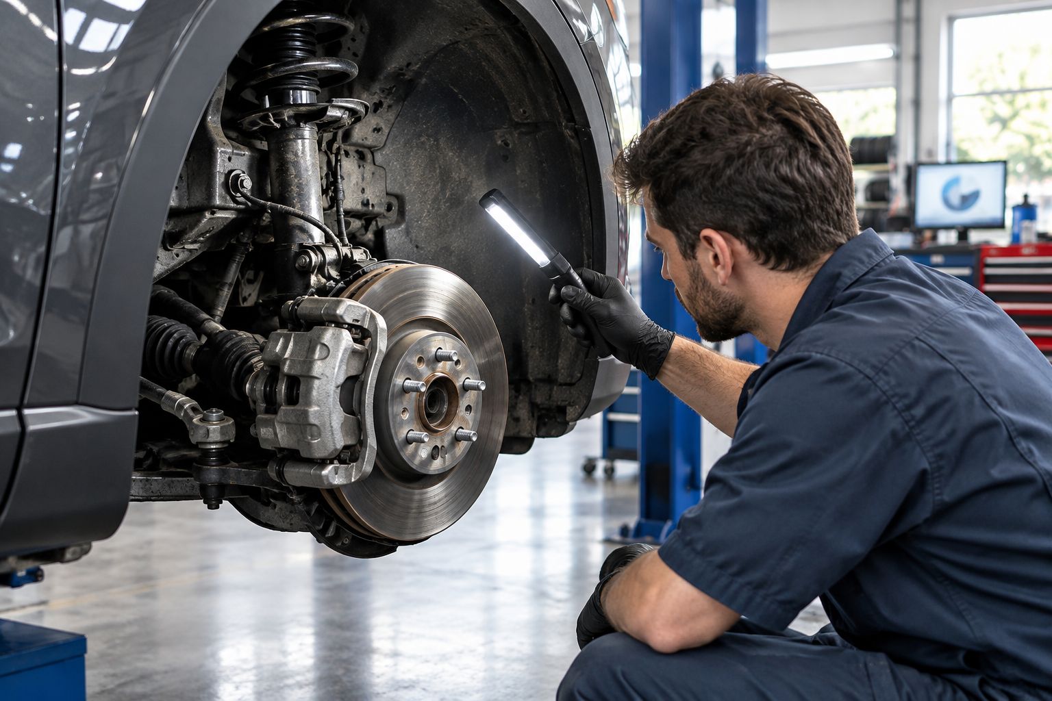 Exposed brake rotor, caliper, and suspension components during a vehicle inspection