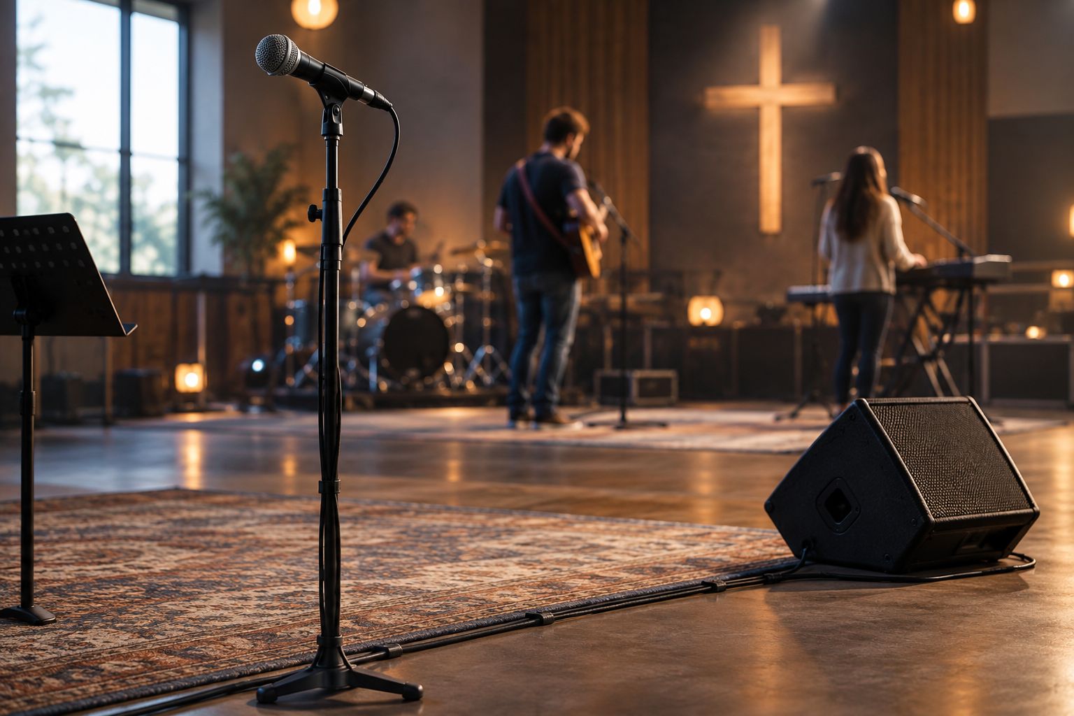 Vocal microphone and floor monitor positioned for a church-band rehearsal