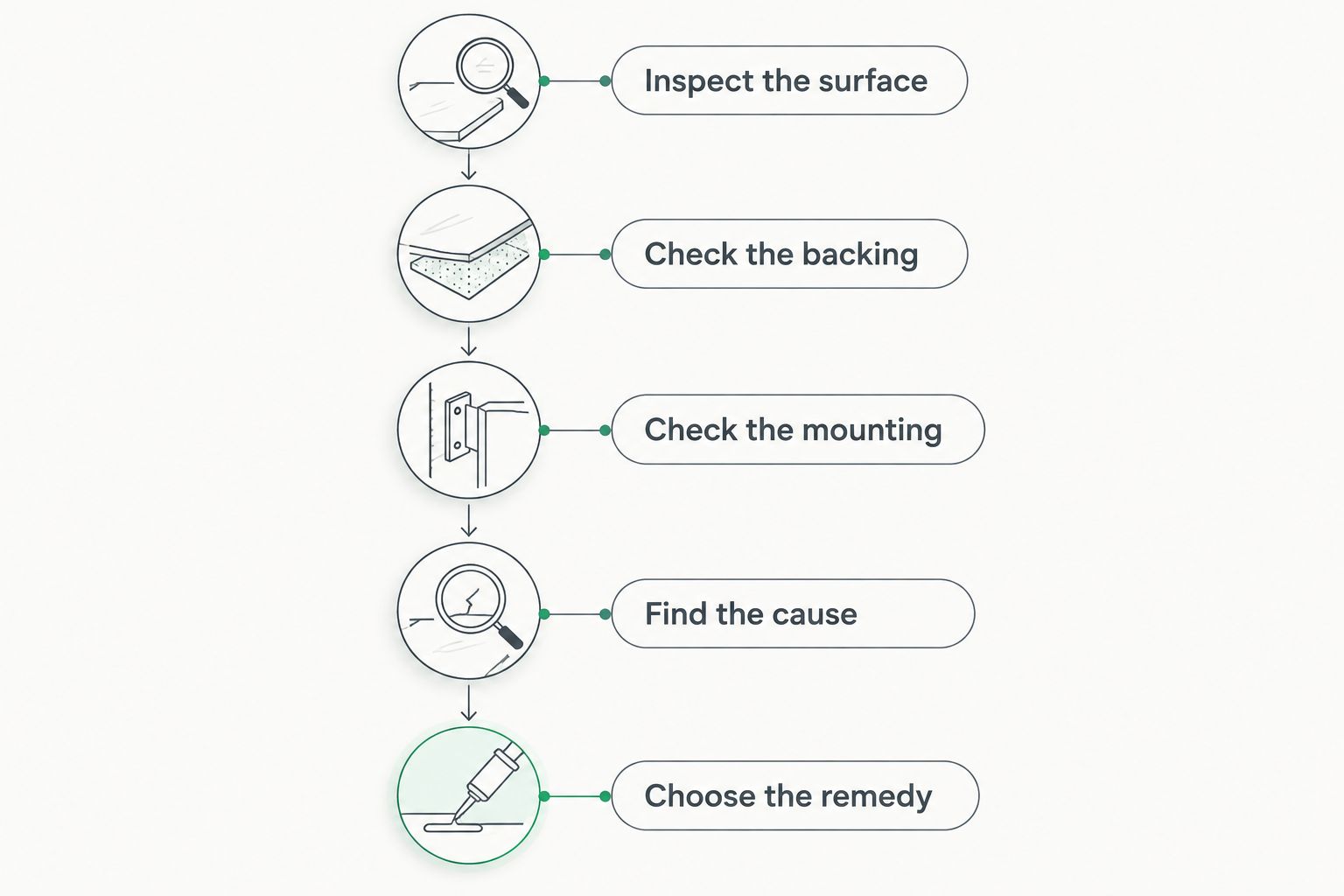 Inspection sequence from checking the panel surface to choosing the appropriate remedy