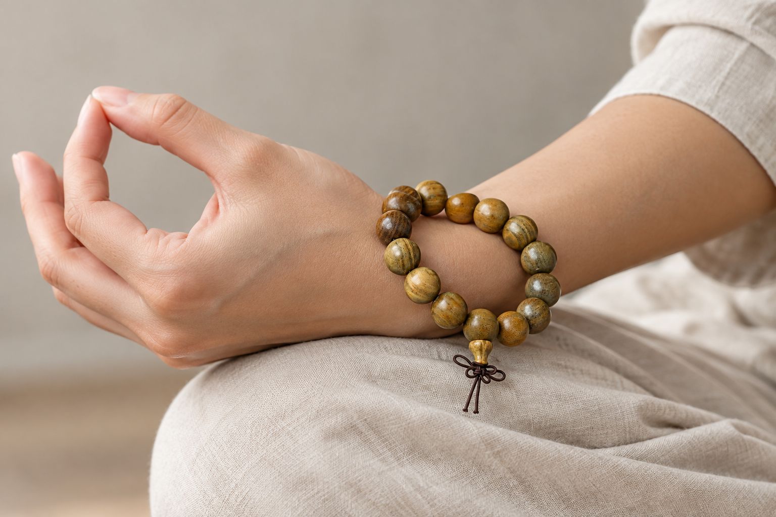 Green Sandalwood Bead Bracelet worn during a seated meditation pose