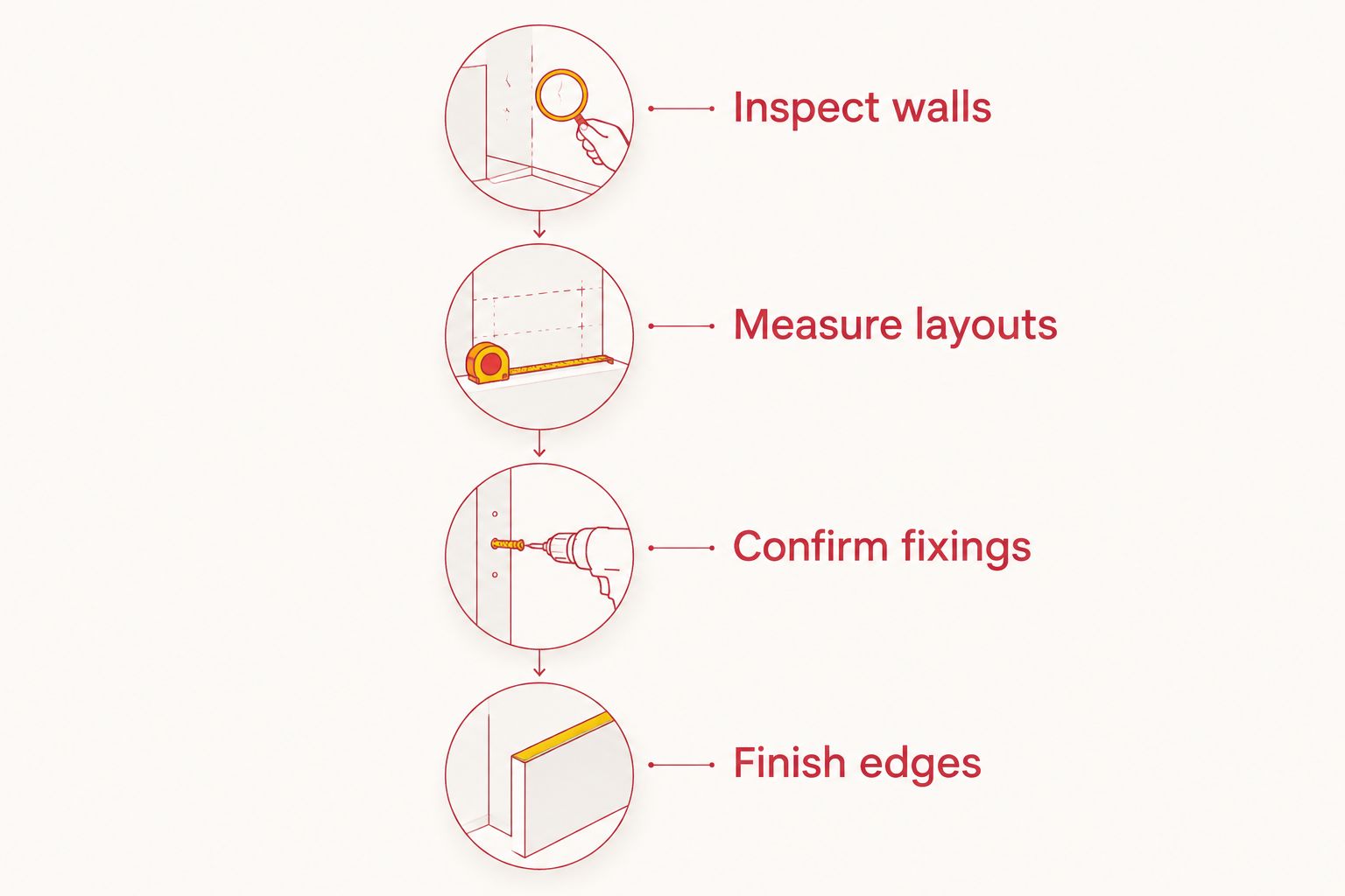 Installation sequence from wall inspection through measuring, fixing, and finishing edges