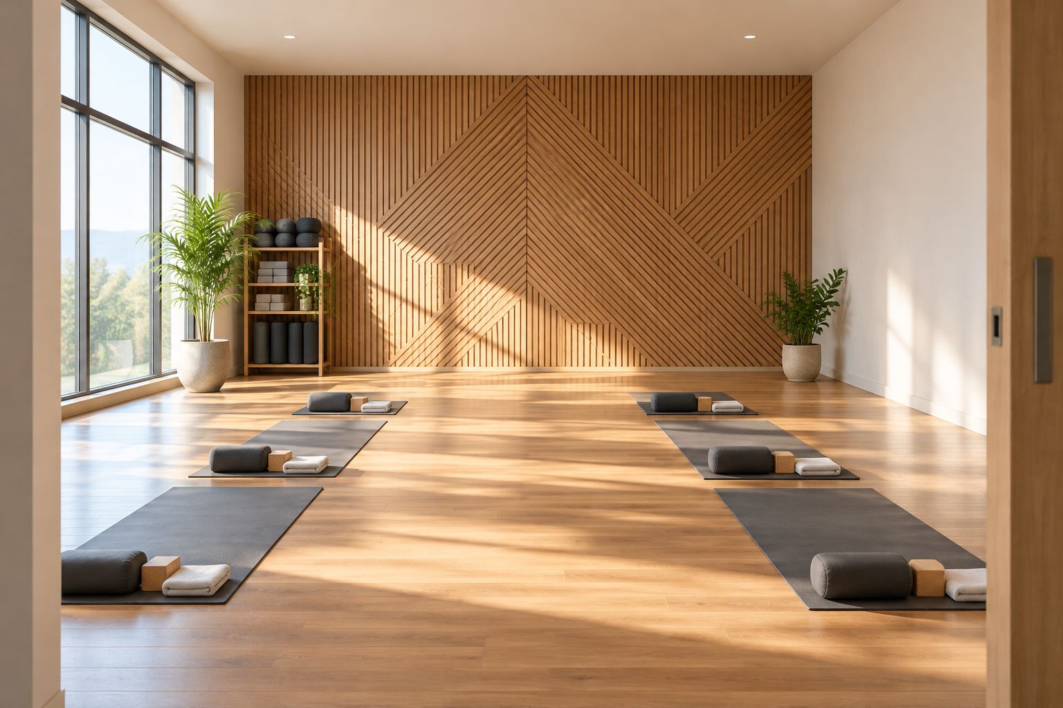 Yoga studio with a geometric wood feature wall and clear practice space