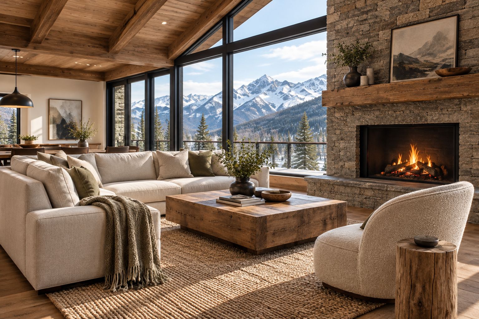 Mountain living room balancing simple furniture, a curved chair, wood beams, and a textured rug