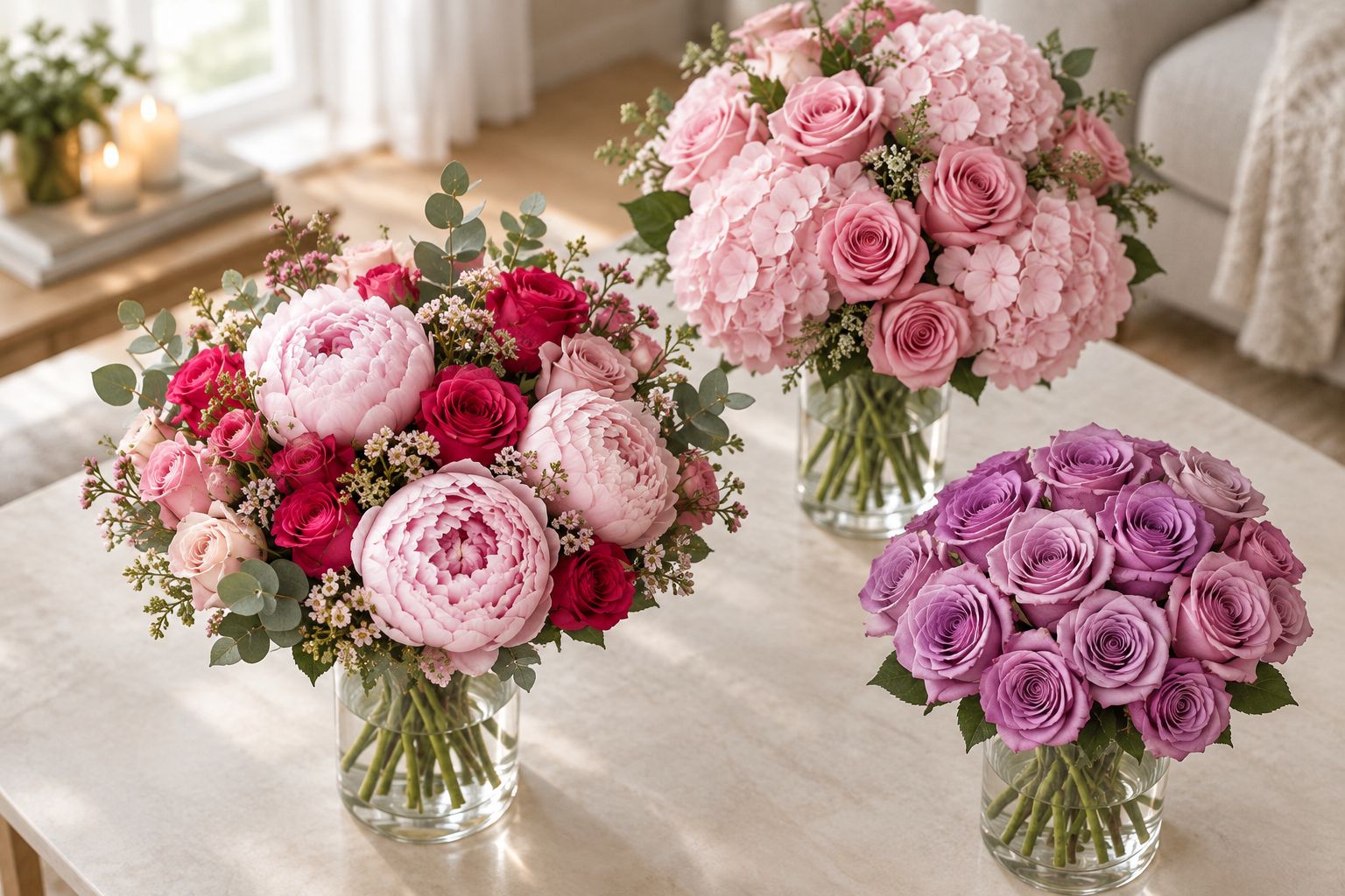 Peonies and roses, pink hydrangeas and roses, and purple roses shown as three distinct flower combinations