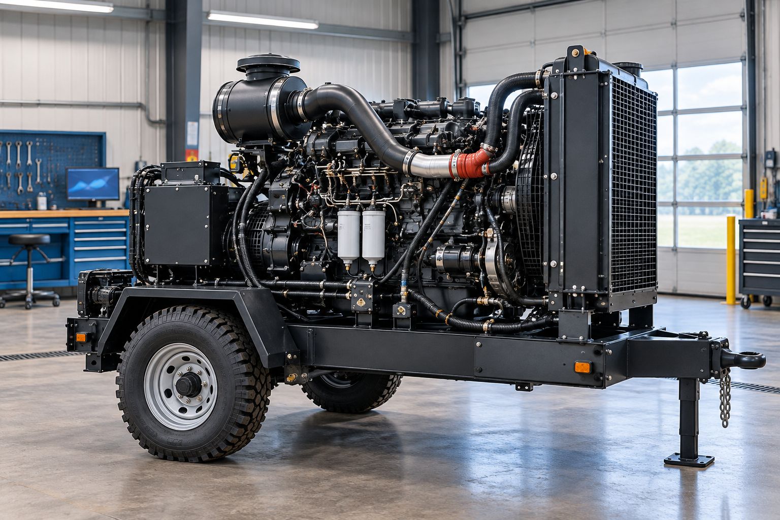 Industrial diesel engine installation showing hoses, wiring, and mounting connections