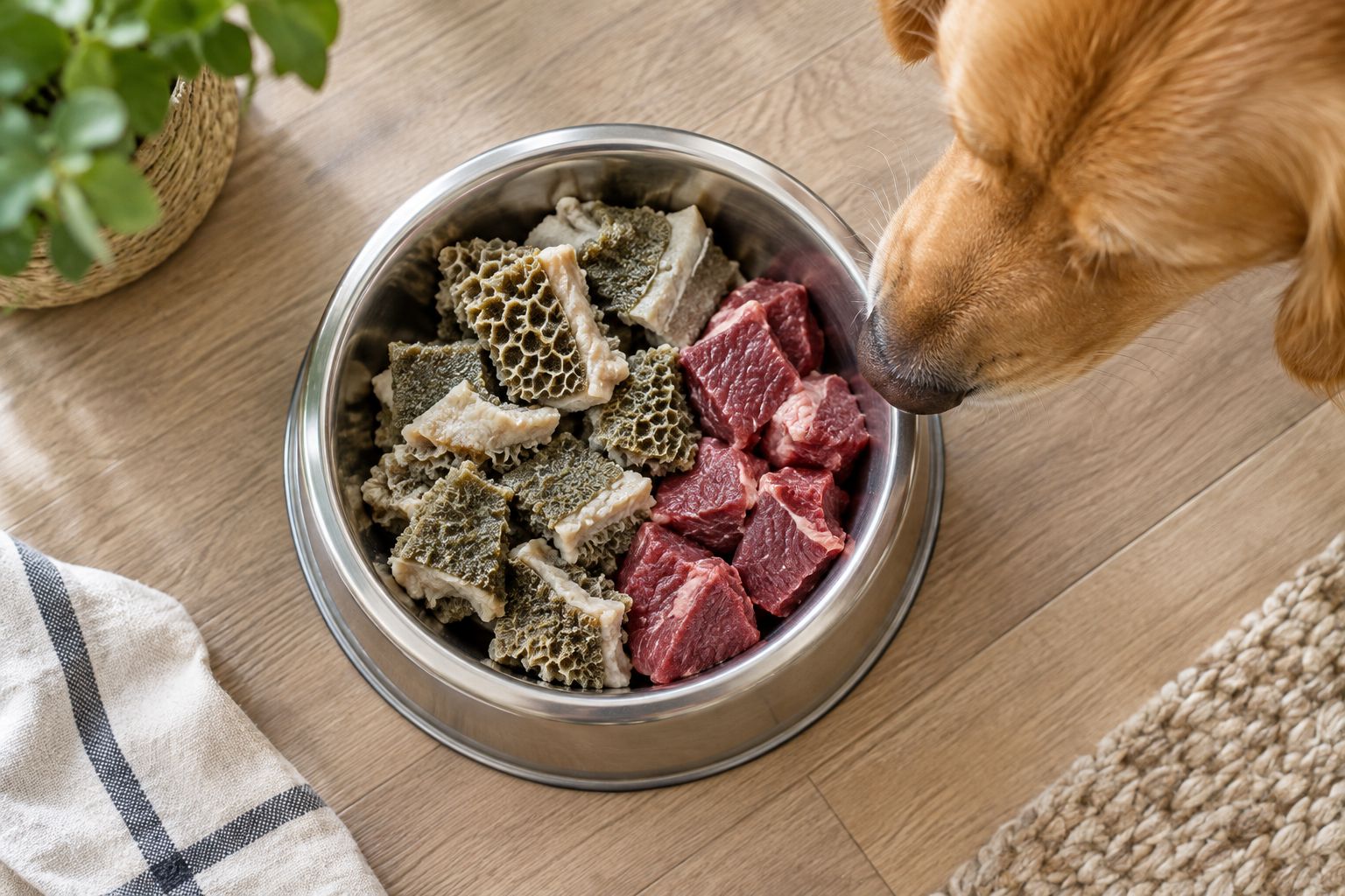 Raw green tripe portioned in a dog bowl on a kitchen floor