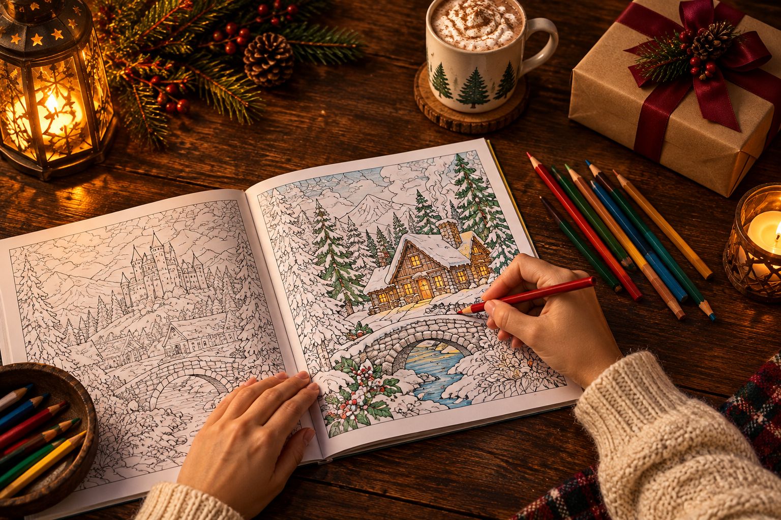 An adult coloring a storybook illustration with colored pencils at a table