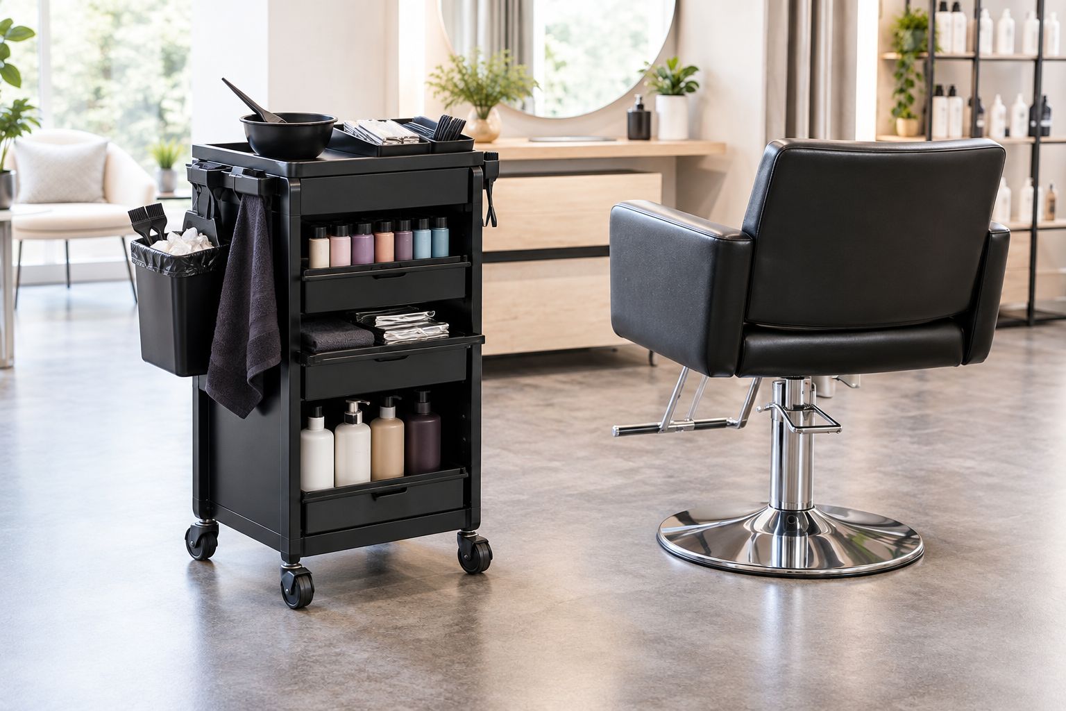 Colour trolley beside a salon chair with separate tools and a clear walking space