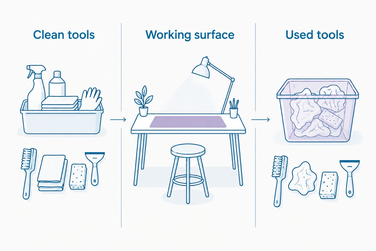 Three separate trolley zones for clean tools, the working surface and used tools
