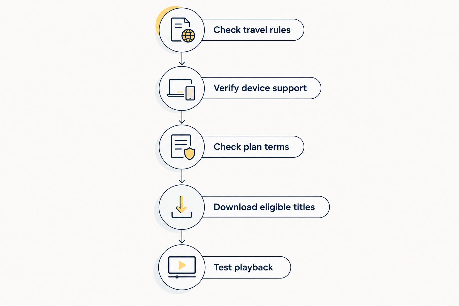 Five checks covering streaming travel rules, device support, plan terms, downloads and playback