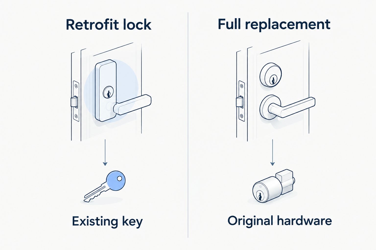Comparison of a retrofit lock that keeps the existing key and a full replacement that requires storing the original hardware
