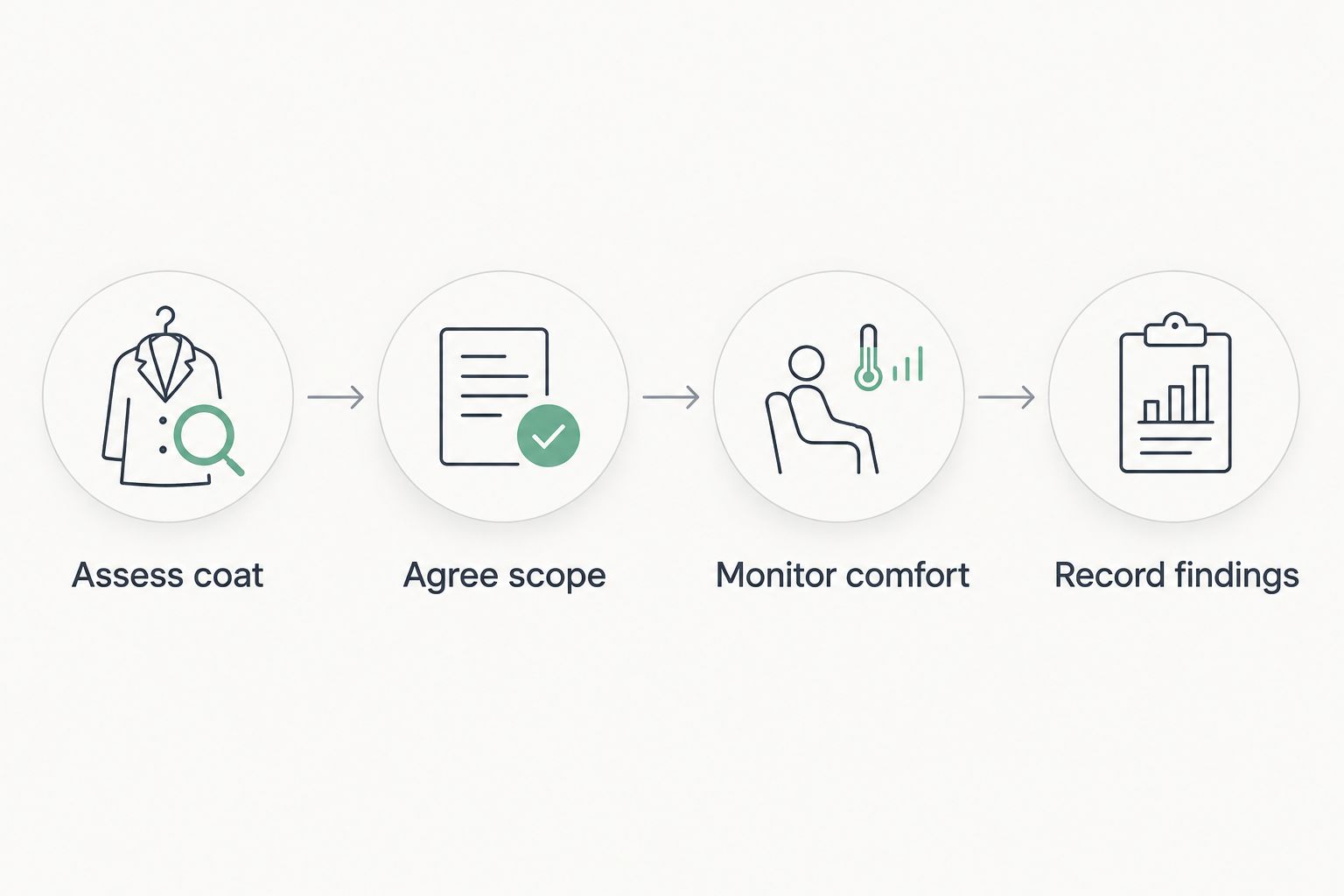 Grooming sequence from coat assessment through agreed scope, comfort monitoring, and recorded findings