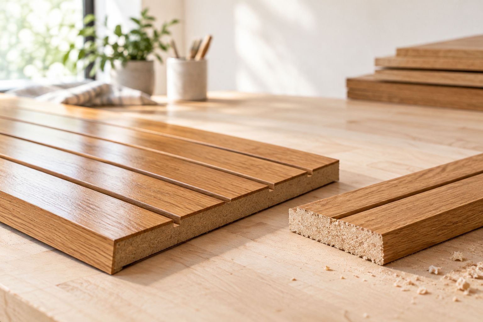 Wood panel offcuts showing a finished face beside a freshly cut edge
