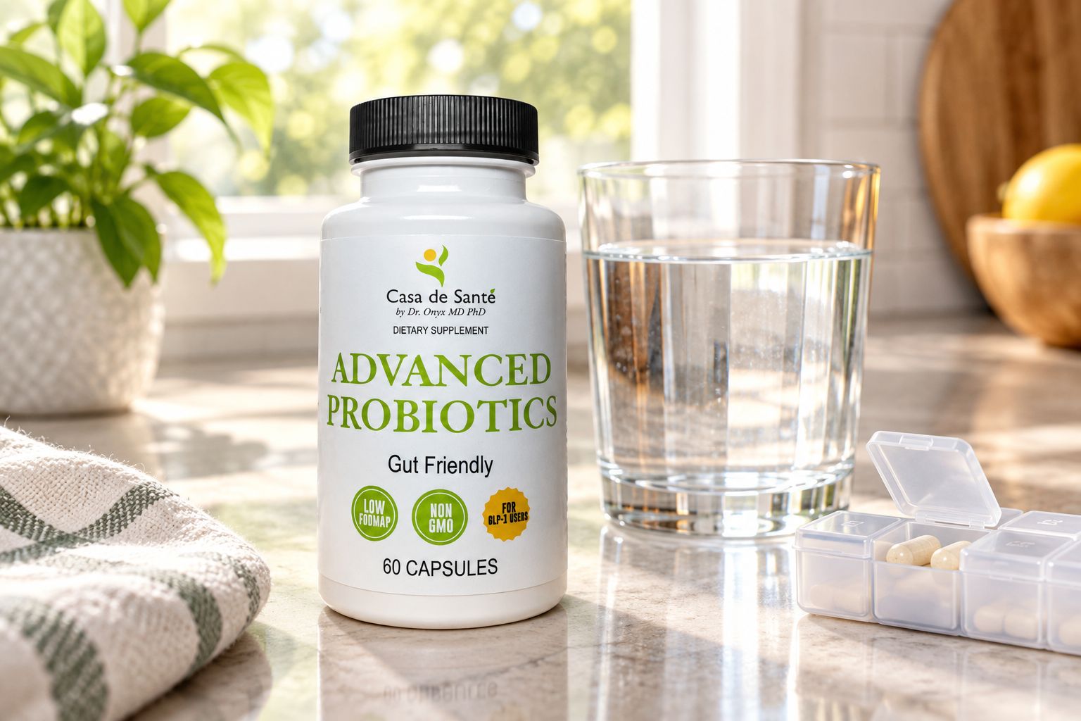 Probiotic supplement bottle on a kitchen counter beside water and a pill organizer