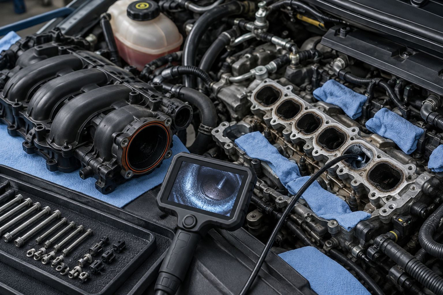 Engine intake access prepared in a service bay with removed fasteners organized nearby