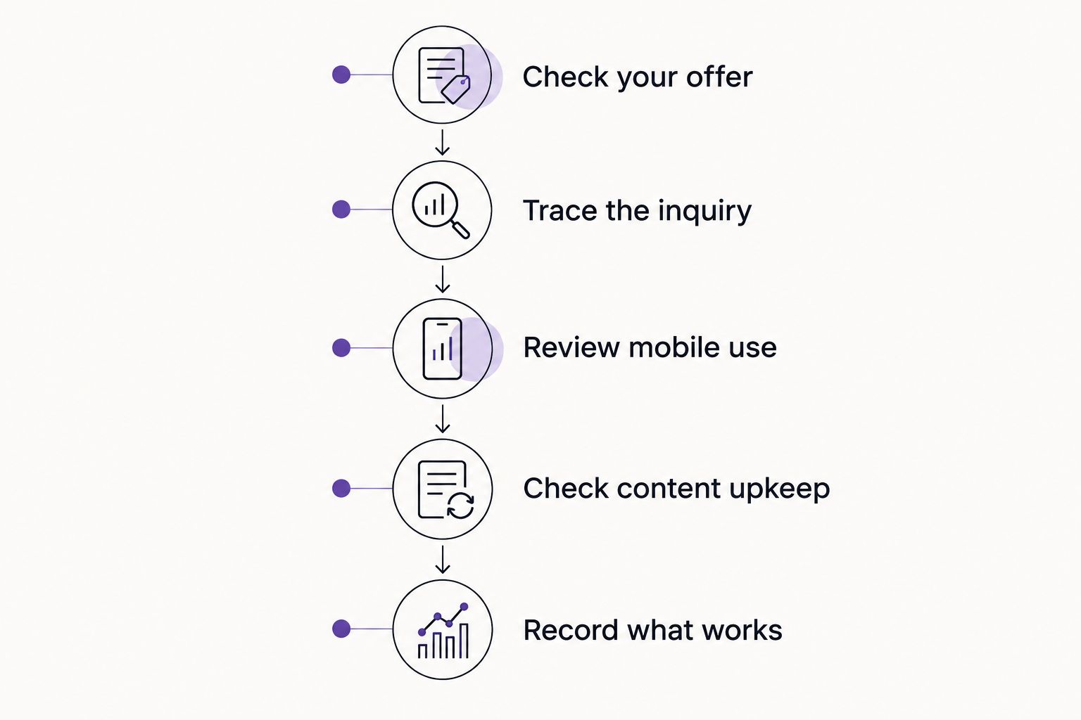Website review steps covering the offer, inquiry process, mobile use, upkeep, and useful existing content.