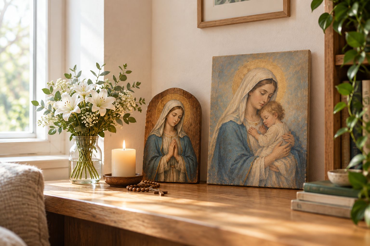 Wood plaque and canvas print displayed side by side in a home prayer corner