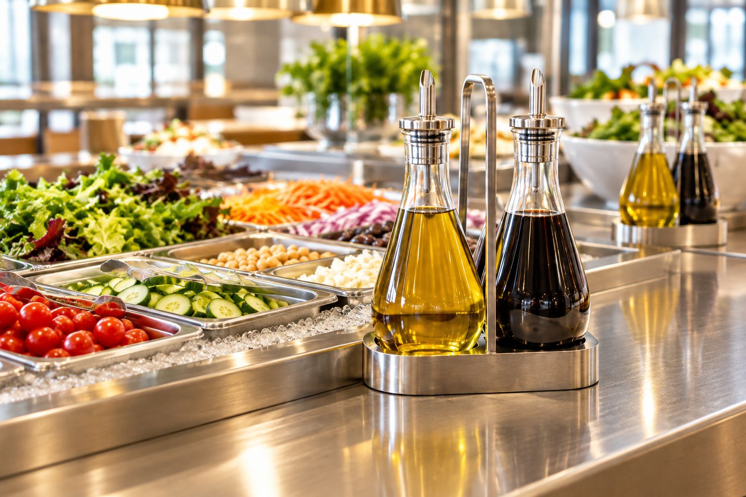 Oil and vinegar cruets lined up on a buffet salad bar station