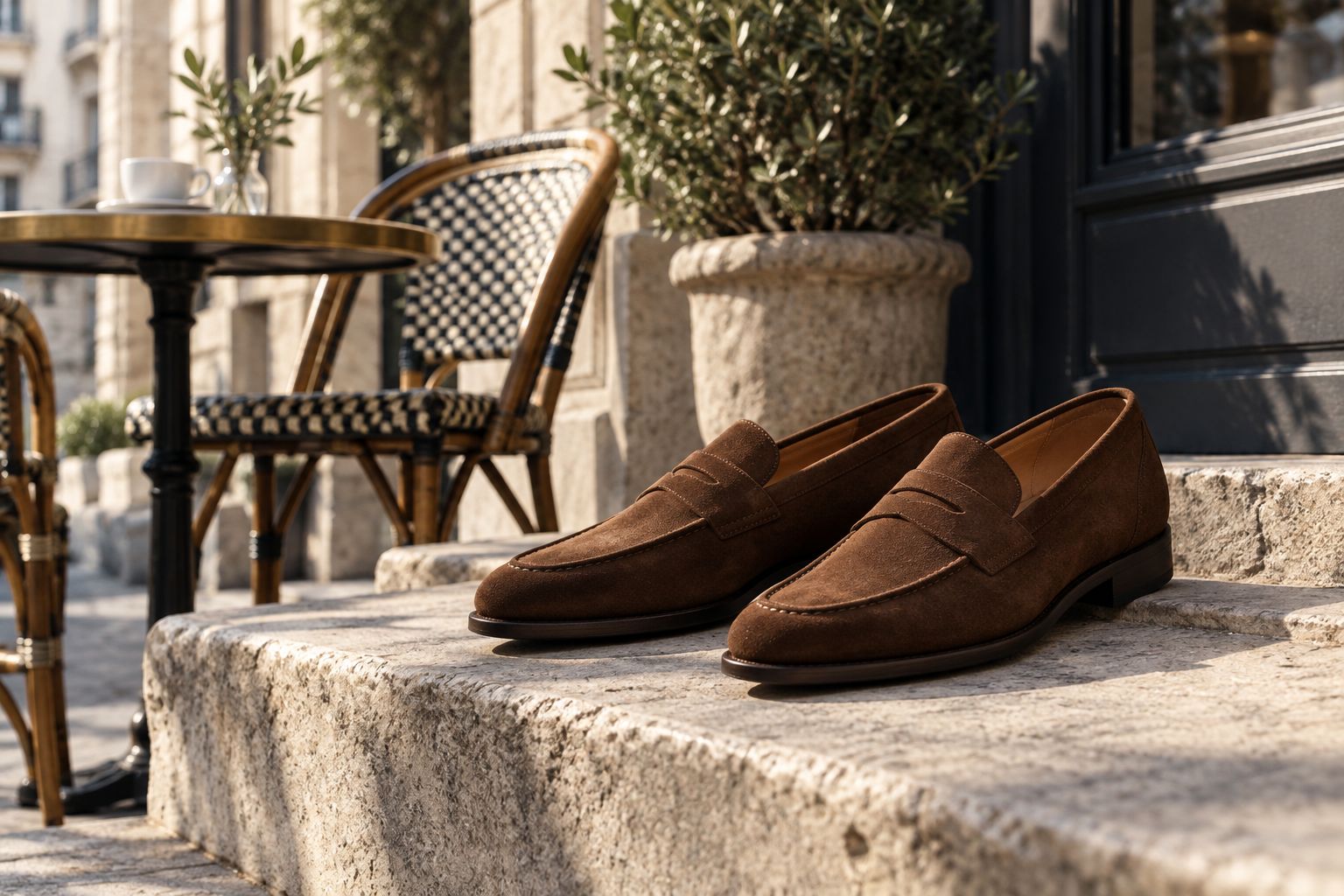 Suede penny loafers on stone steps in soft morning light
