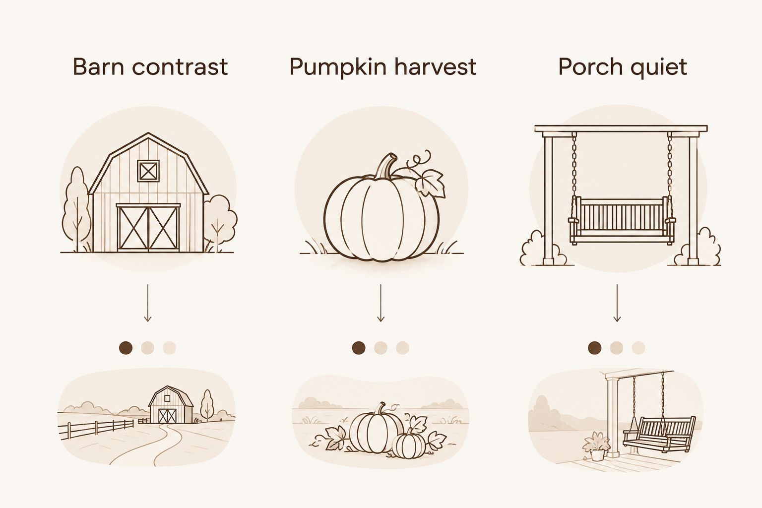 Three autumn diamond painting directions: barn contrast, pumpkin harvest, and porch quiet.