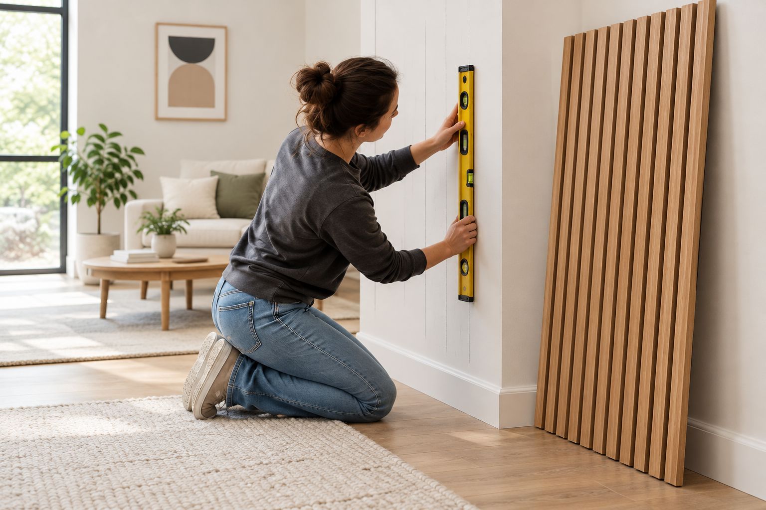 Homeowner checking a vertical reference before fitting generic wood slat panels