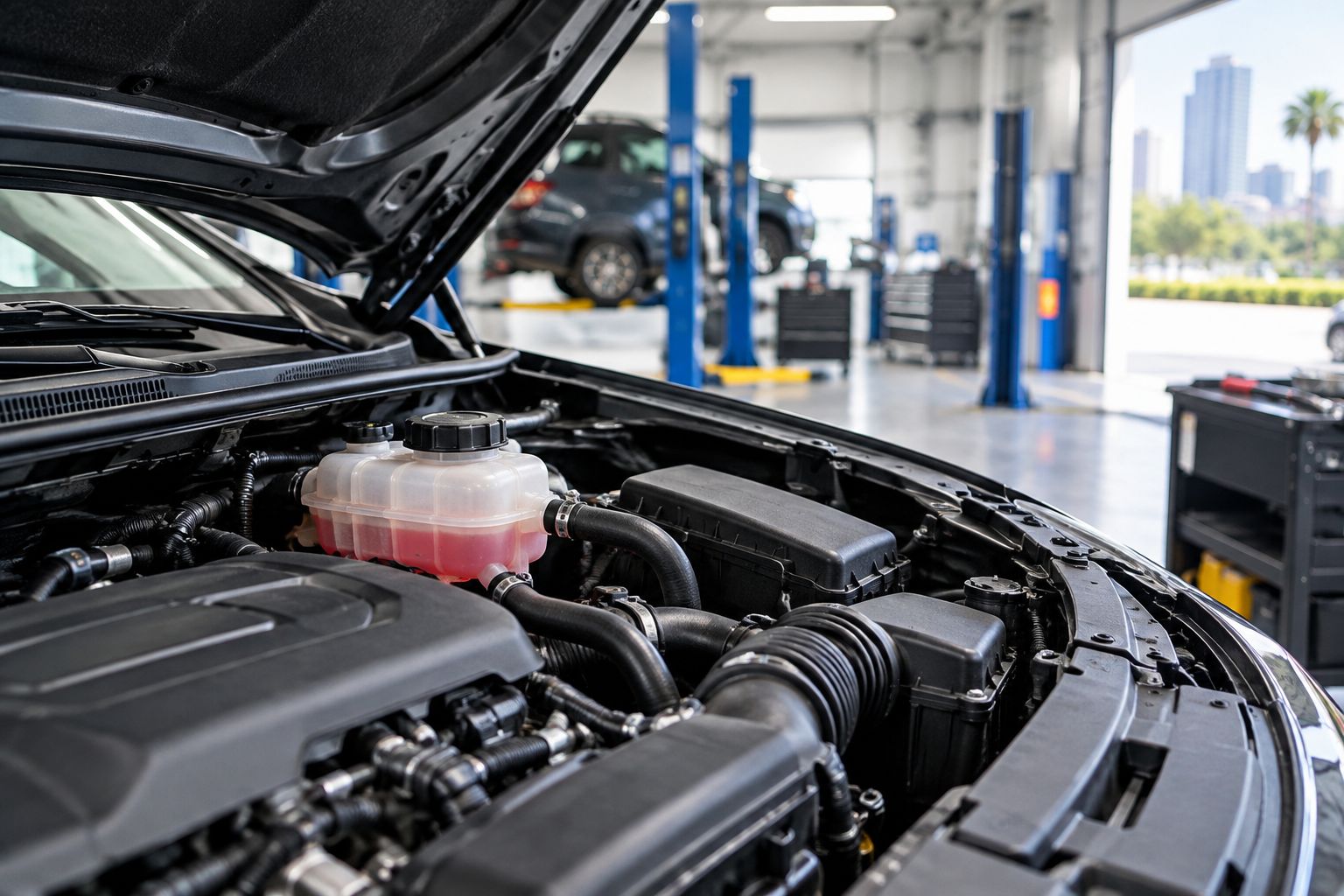 Engine bay with a closed translucent coolant reservoir visible beneath an open hood