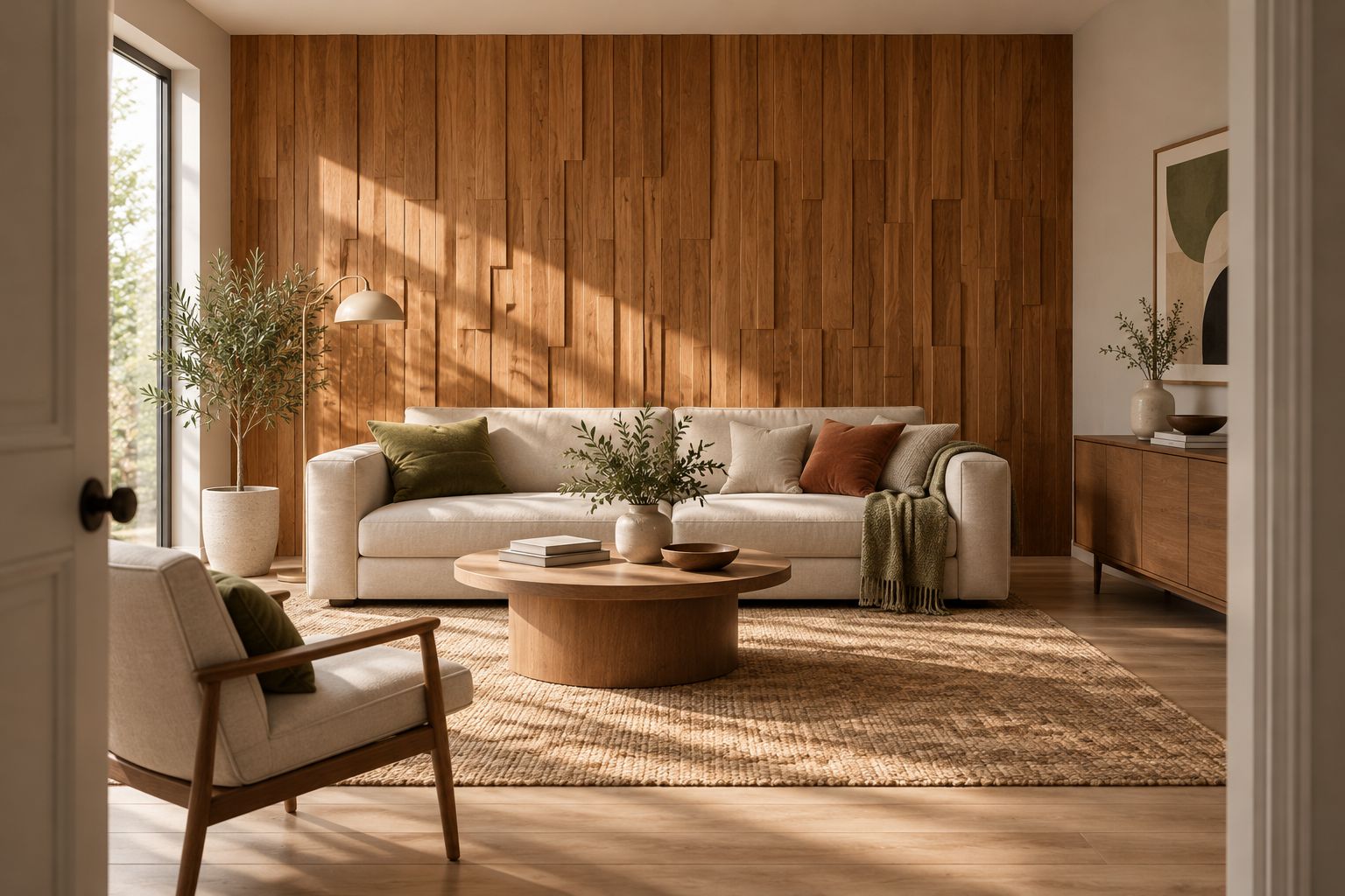 Textured wood feature wall behind a sofa with simple furnishings and plain adjacent walls