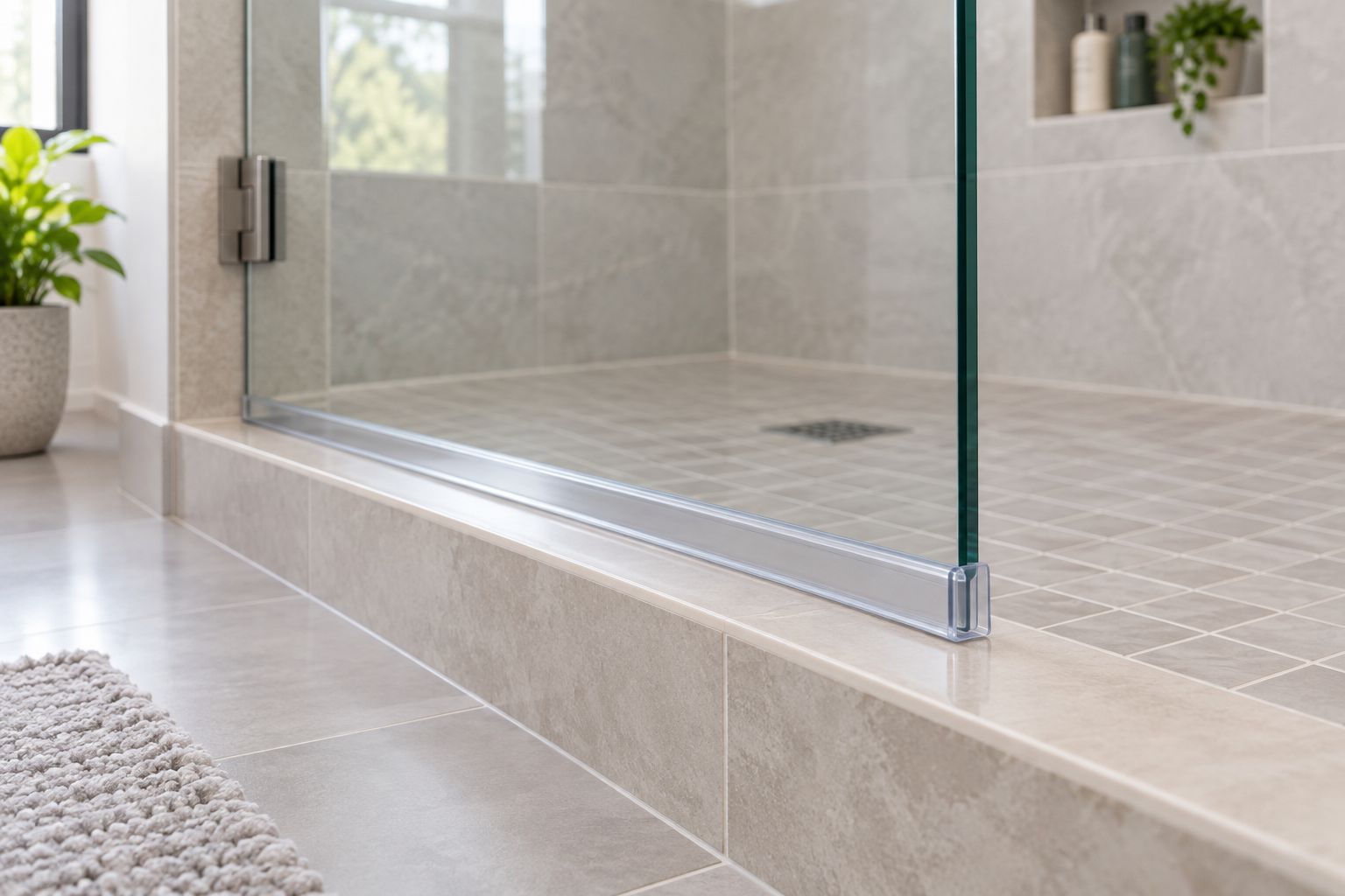 Clear bottom sweep attached to a frameless glass shower door above a tiled curb
