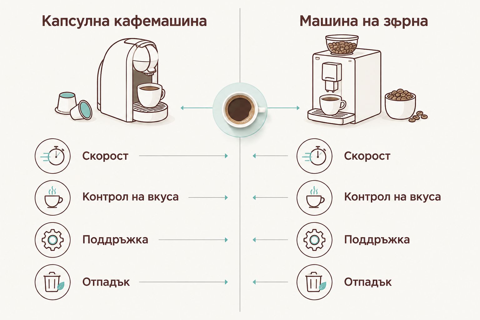 Двуколонна сравнителна диаграма между капсулна кафемашина и машина на зърна