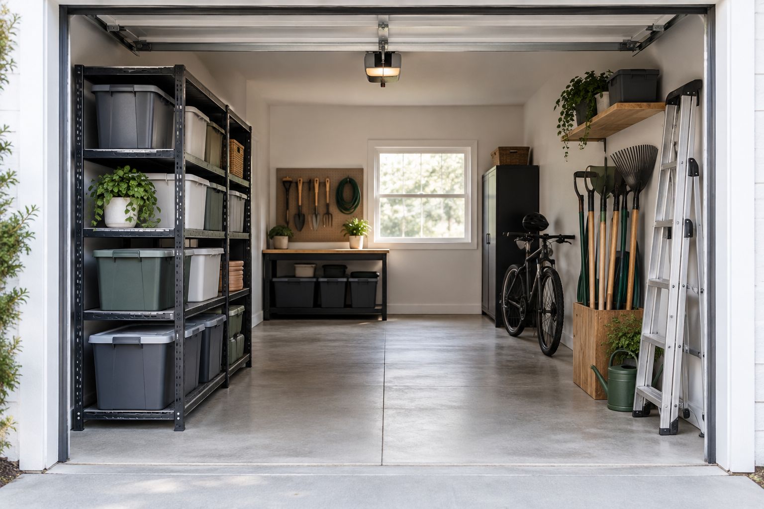 Garage shelving with grouped storage bins, gardening tools, and a clear walking route