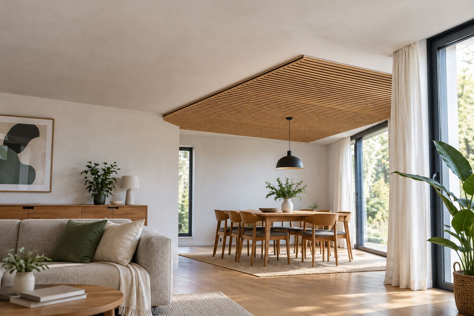 Teilweise mit Holzlamellen verkleidete Decke über einem Esstisch mit sichtbarer seitlicher Aufbaukante.