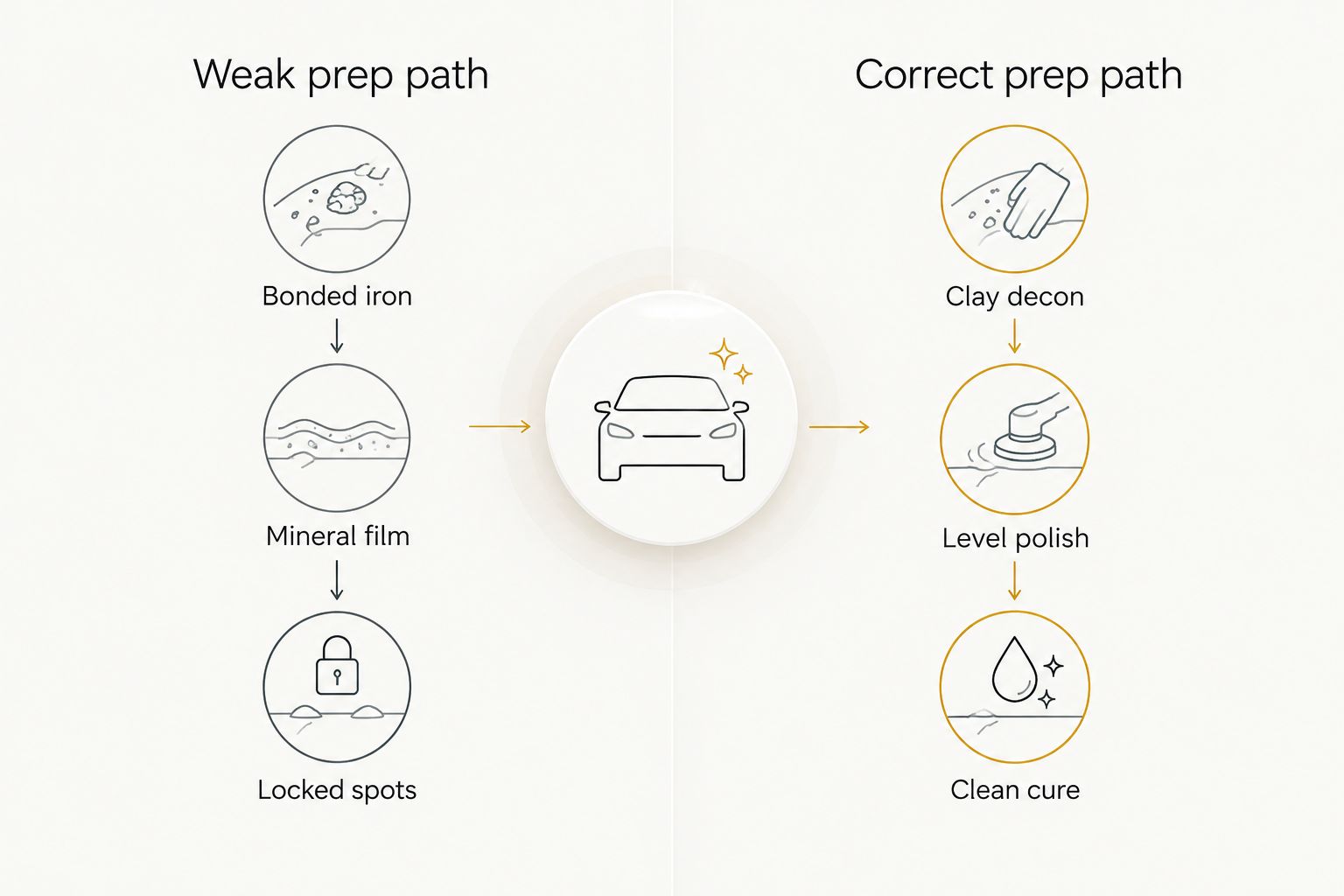 Next powered by EA Detailer Side-by-side diagram of weak prep versus correct ceramic coating prep on white paint